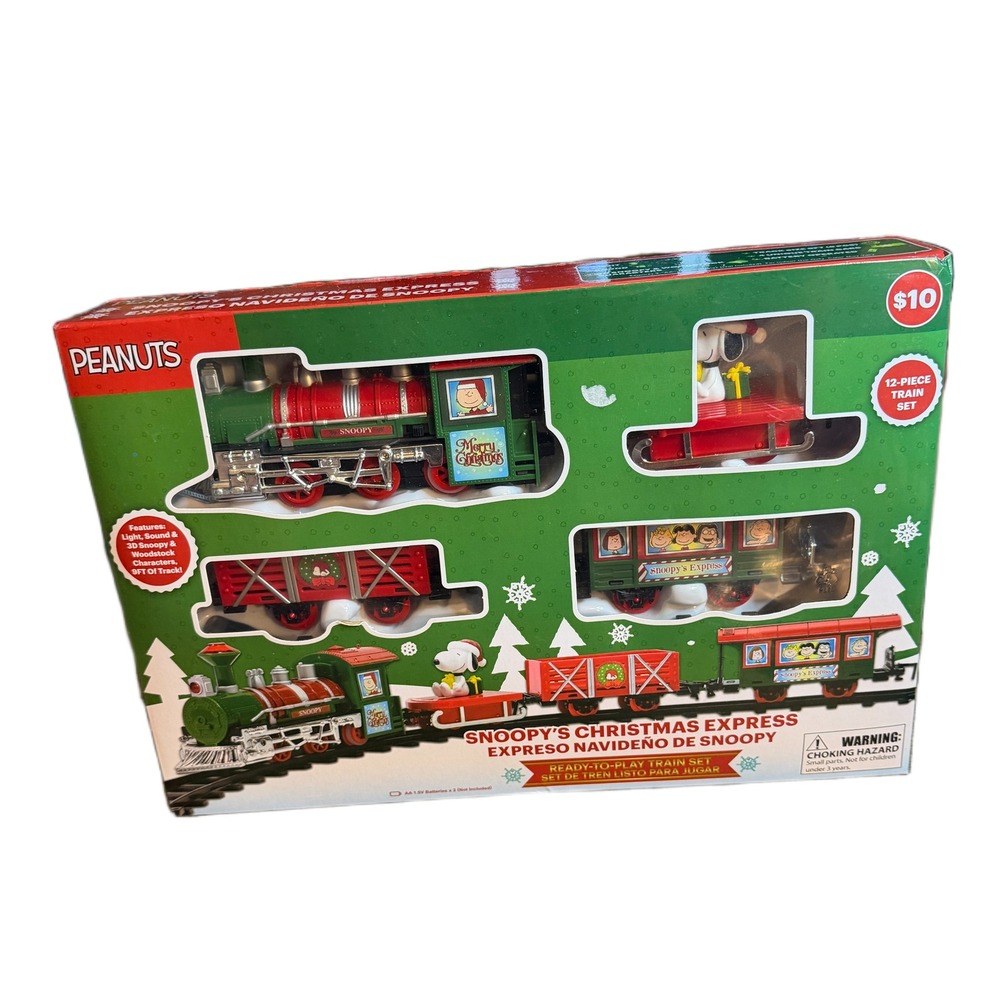 Peanuts Snoopy's Christmas Express 12-Piece Train Set Light Sound 9ft Track NEW